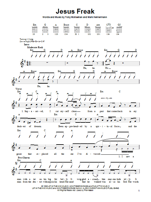 Preview dc Talk Jesus Freak Rock sheet music, notes and chords for Guitar with strumming patterns, SKU: 24714 sheet music, piano notes, chords, guitar tabs, score, transpose, transcribe, how to play, guide, download, learn, tutorial, progression, song, artist, awards, billboard, mtv, vh1, tour, single, album, release