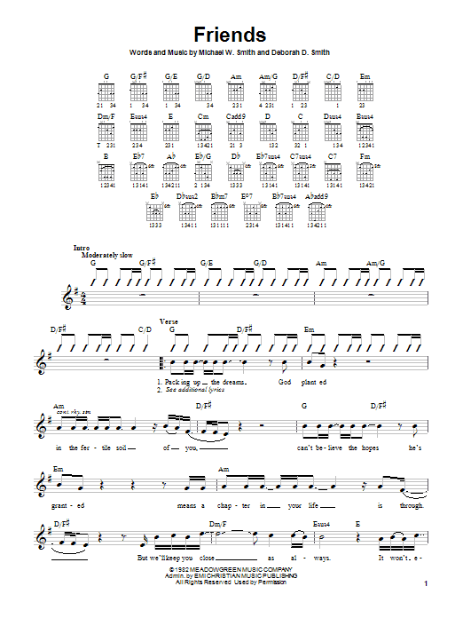 Preview Michael W. Smith Friends Pop sheet music, notes and chords for Guitar with strumming patterns, SKU: 24719 sheet music, piano notes, chords, guitar tabs, score, transpose, transcribe, how to play, guide, download, learn, tutorial, progression, song, artist, awards, billboard, mtv, vh1, tour, single, album, release