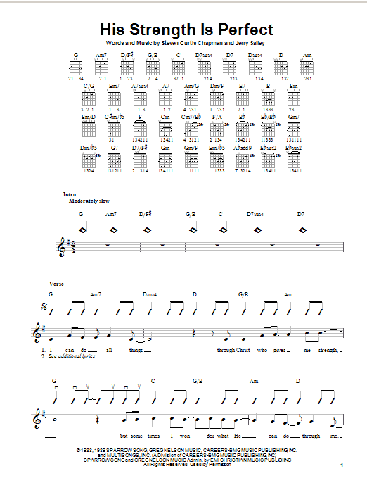 Preview Steven Curtis Chapman His Strength Is Perfect Pop sheet music, notes and chords for Guitar with strumming patterns, SKU: 24721 sheet music, piano notes, chords, guitar tabs, score, transpose, transcribe, how to play, guide, download, learn, tutorial, progression, song, artist, awards, billboard, mtv, vh1, tour, single, album, release