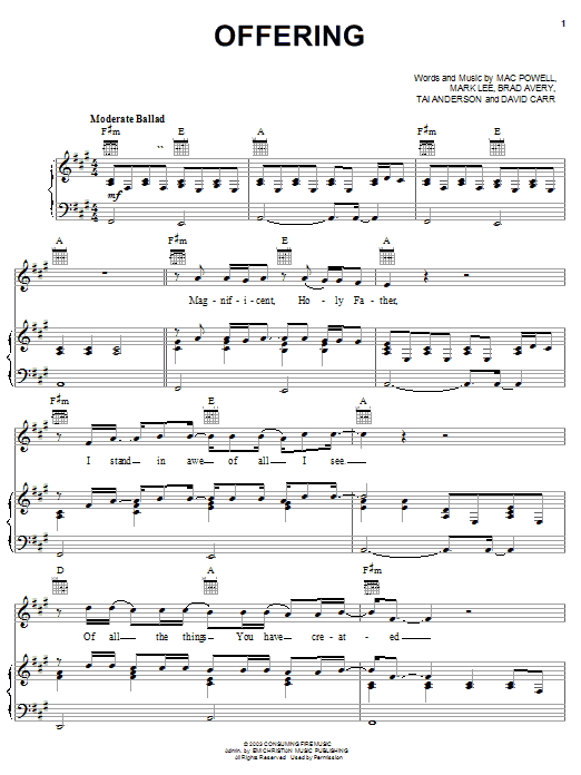 Preview Third Day Offering Pop sheet music, notes and chords for Piano, Vocal & Guitar (Right-Hand Melody), SKU: 24727 sheet music, piano notes, chords, guitar tabs, score, transpose, transcribe, how to play, guide, download, learn, tutorial, progression, song, artist, awards, billboard, mtv, vh1, tour, single, album, release