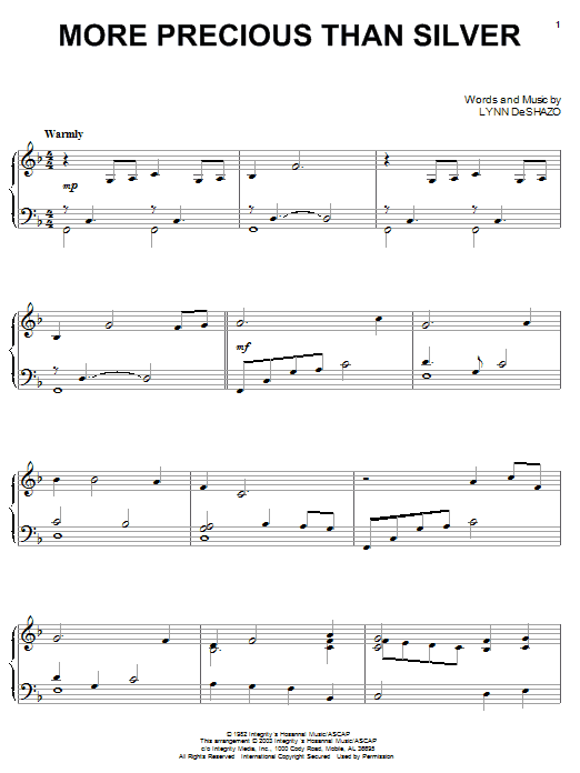 Preview Lynn DeShazo More Precious Than Silver Religious sheet music, notes and chords for Piano, SKU: 24737 sheet music, piano notes, chords, guitar tabs, score, transpose, transcribe, how to play, guide, download, learn, tutorial, progression, song, artist, awards, billboard, mtv, vh1, tour, single, album, release