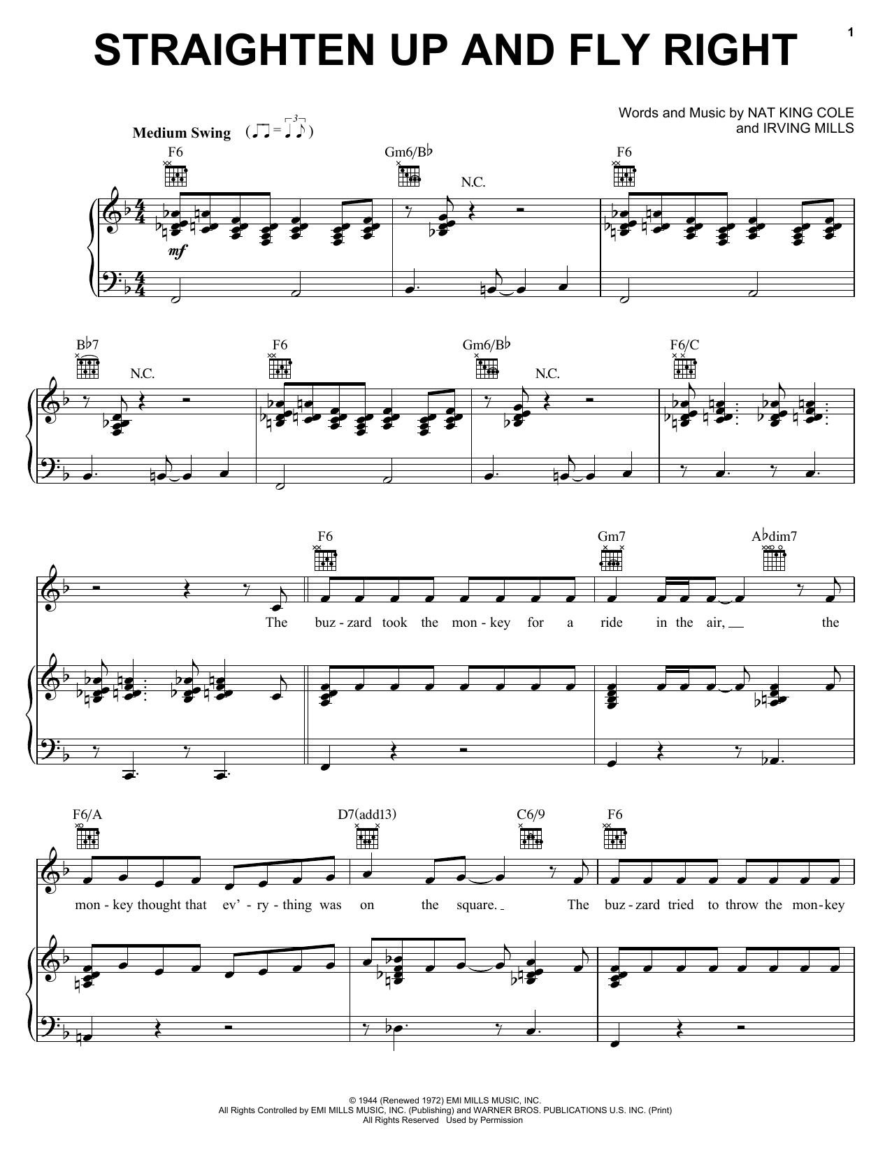 Preview Diana Krall Straighten Up And Fly Right Jazz sheet music, notes and chords for Piano, Vocal & Guitar (Right-Hand Melody), SKU: 24742 sheet music, piano notes, chords, guitar tabs, score, transpose, transcribe, how to play, guide, download, learn, tutorial, progression, song, artist, awards, billboard, mtv, vh1, tour, single, album, release