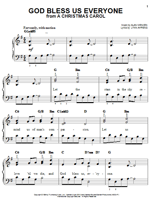 Preview Lynn Ahrens God Bless Us Everyone (from A Christmas Carol) Film and TV sheet music, notes and chords for Easy Piano, SKU: 24744 sheet music, piano notes, chords, guitar tabs, score, transpose, transcribe, how to play, guide, download, learn, tutorial, progression, song, artist, awards, billboard, mtv, vh1, tour, single, album, release