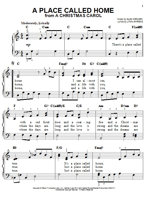 Preview Lynn Ahrens A Place Called Home (from A Christmas Carol) Film and TV sheet music, notes and chords for Easy Piano, SKU: 24745 sheet music, piano notes, chords, guitar tabs, score, transpose, transcribe, how to play, guide, download, learn, tutorial, progression, song, artist, awards, billboard, mtv, vh1, tour, single, album, release
