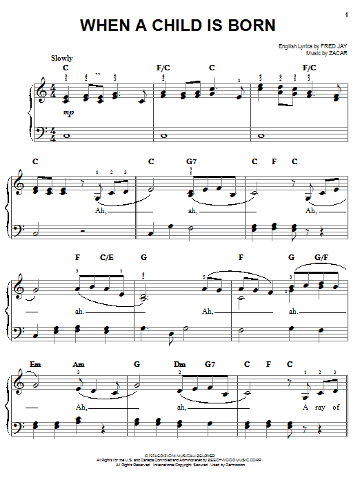 Preview Fred Jay When A Child Is Born Christmas sheet music, notes and chords for Easy Piano, SKU: 24746 sheet music, piano notes, chords, guitar tabs, score, transpose, transcribe, how to play, guide, download, learn, tutorial, progression, song, artist, awards, billboard, mtv, vh1, tour, single, album, release