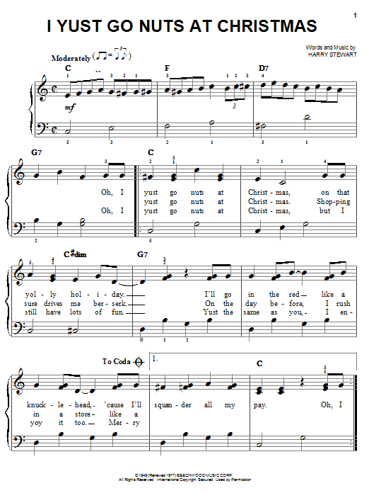 Preview Harry Stewart I Yust Go Nuts At Christmas Christmas sheet music, notes and chords for Easy Piano, SKU: 24749 sheet music, piano notes, chords, guitar tabs, score, transpose, transcribe, how to play, guide, download, learn, tutorial, progression, song, artist, awards, billboard, mtv, vh1, tour, single, album, release