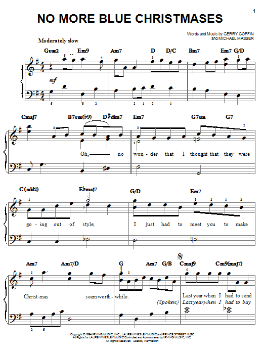 Preview Gerry Goffin No More Blue Christmases Pop sheet music, notes and chords for Easy Piano, SKU: 24753 sheet music, piano notes, chords, guitar tabs, score, transpose, transcribe, how to play, guide, download, learn, tutorial, progression, song, artist, awards, billboard, mtv, vh1, tour, single, album, release