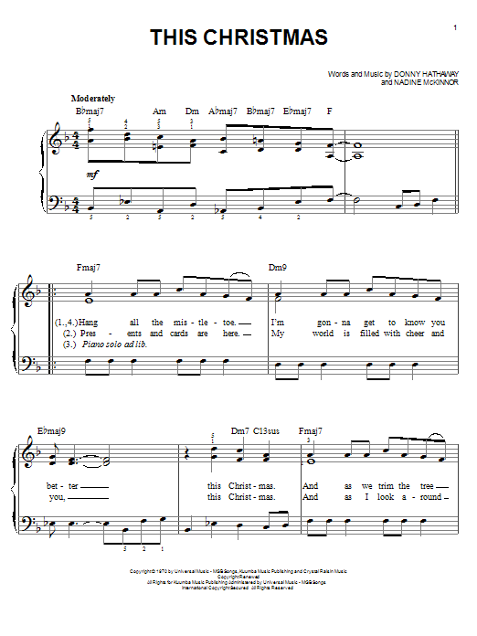 Preview Donny Hathaway This Christmas Pop sheet music, notes and chords for Easy Piano, SKU: 24755 sheet music, piano notes, chords, guitar tabs, score, transpose, transcribe, how to play, guide, download, learn, tutorial, progression, song, artist, awards, billboard, mtv, vh1, tour, single, album, release