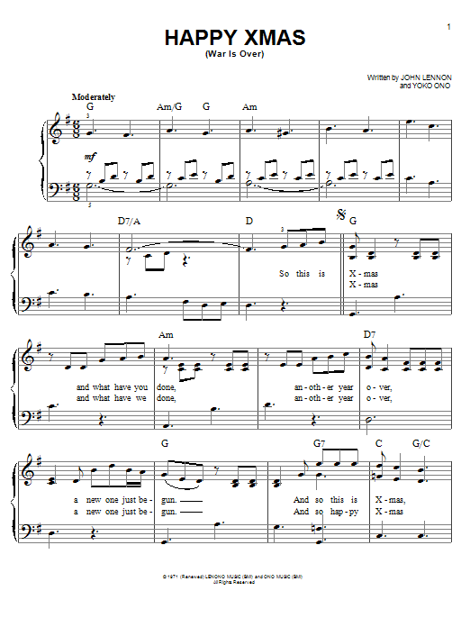 Preview John Lennon Happy Xmas (War Is Over) Pop sheet music, notes and chords for Easy Piano, SKU: 24758 sheet music, piano notes, chords, guitar tabs, score, transpose, transcribe, how to play, guide, download, learn, tutorial, progression, song, artist, awards, billboard, mtv, vh1, tour, single, album, release
