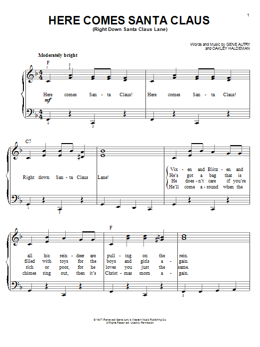Preview Gene Autry Here Comes Santa Claus (Right Down Santa Claus Lane) Folk sheet music, notes and chords for Easy Piano, SKU: 24759 sheet music, piano notes, chords, guitar tabs, score, transpose, transcribe, how to play, guide, download, learn, tutorial, progression, song, artist, awards, billboard, mtv, vh1, tour, single, album, release