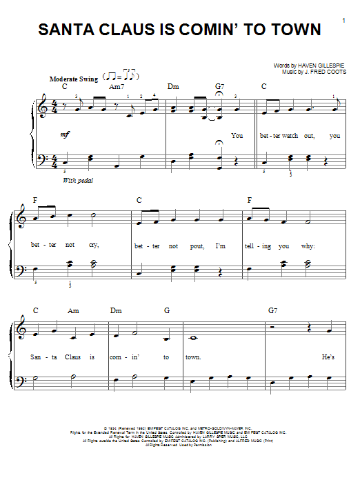 Preview Frank Sinatra Santa Claus Is Comin' To Town Folk sheet music, notes and chords for Easy Piano, SKU: 24762 sheet music, piano notes, chords, guitar tabs, score, transpose, transcribe, how to play, guide, download, learn, tutorial, progression, song, artist, awards, billboard, mtv, vh1, tour, single, album, release