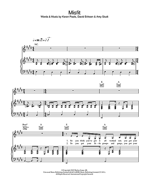 Preview Amy Studt Misfit Pop sheet music, notes and chords for Piano, Vocal & Guitar, SKU: 24765 sheet music, piano notes, chords, guitar tabs, score, transpose, transcribe, how to play, guide, download, learn, tutorial, progression, song, artist, awards, billboard, mtv, vh1, tour, single, album, release