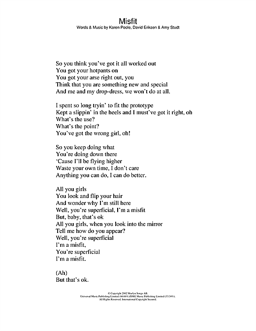 Preview Amy Studt Misfit Pop sheet music, notes and chords for Lyrics Only, SKU: 24767 sheet music, piano notes, chords, guitar tabs, score, transpose, transcribe, how to play, guide, download, learn, tutorial, progression, song, artist, awards, billboard, mtv, vh1, tour, single, album, release