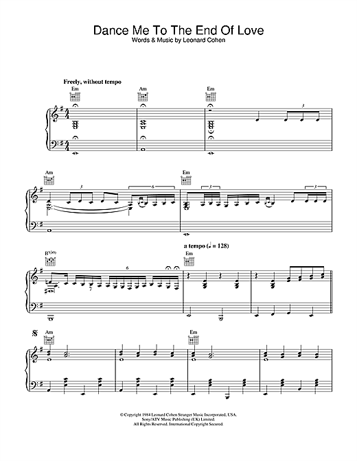 Preview Leonard Cohen Dance Me To The End Of Love (Live Version) Rock sheet music, notes and chords for Piano, Vocal & Guitar, SKU: 24770 sheet music, piano notes, chords, guitar tabs, score, transpose, transcribe, how to play, guide, download, learn, tutorial, progression, song, artist, awards, billboard, mtv, vh1, tour, single, album, release