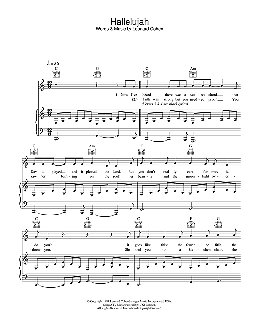 Preview Leonard Cohen Hallelujah Rock sheet music, notes and chords for Piano, Vocal & Guitar, SKU: 24771 sheet music, piano notes, chords, guitar tabs, score, transpose, transcribe, how to play, guide, download, learn, tutorial, progression, song, artist, awards, billboard, mtv, vh1, tour, single, album, release