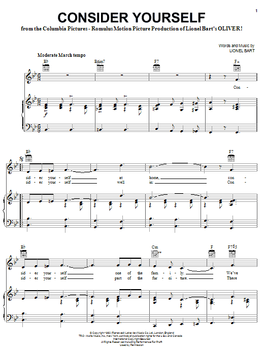 Preview Lionel Bart Consider Yourself Musicals sheet music, notes and chords for Piano, Vocal & Guitar (Right-Hand Melody), SKU: 24775 sheet music, piano notes, chords, guitar tabs, score, transpose, transcribe, how to play, guide, download, learn, tutorial, progression, song, artist, awards, billboard, mtv, vh1, tour, single, album, release