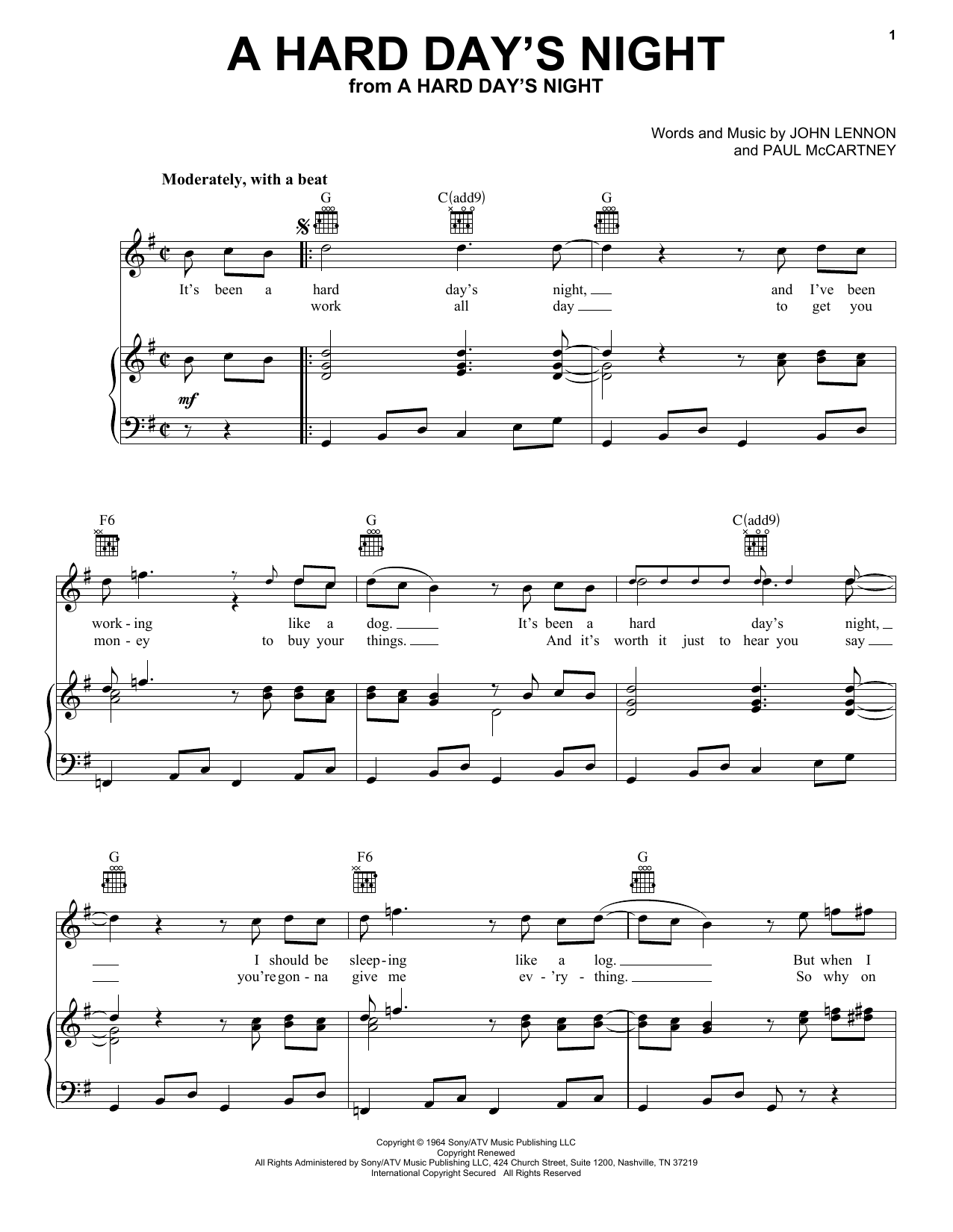 Preview The Beatles A Hard Day's Night Pop sheet music, notes and chords for Piano, Vocal & Guitar (Right-Hand Melody), SKU: 24776 sheet music, piano notes, chords, guitar tabs, score, transpose, transcribe, how to play, guide, download, learn, tutorial, progression, song, artist, awards, billboard, mtv, vh1, tour, single, album, release