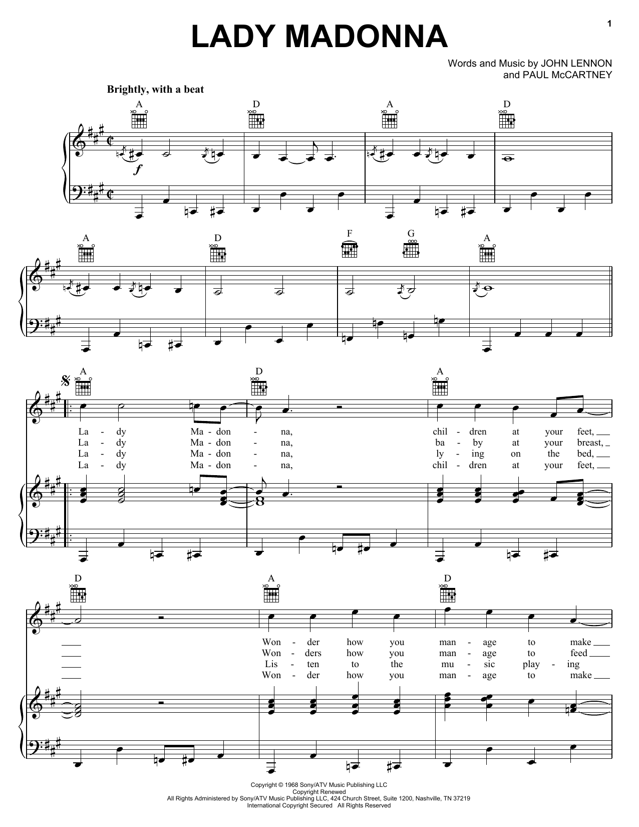 Preview The Beatles Lady Madonna Rock sheet music, notes and chords for Piano, Vocal & Guitar (Right-Hand Melody), SKU: 24777 sheet music, piano notes, chords, guitar tabs, score, transpose, transcribe, how to play, guide, download, learn, tutorial, progression, song, artist, awards, billboard, mtv, vh1, tour, single, album, release