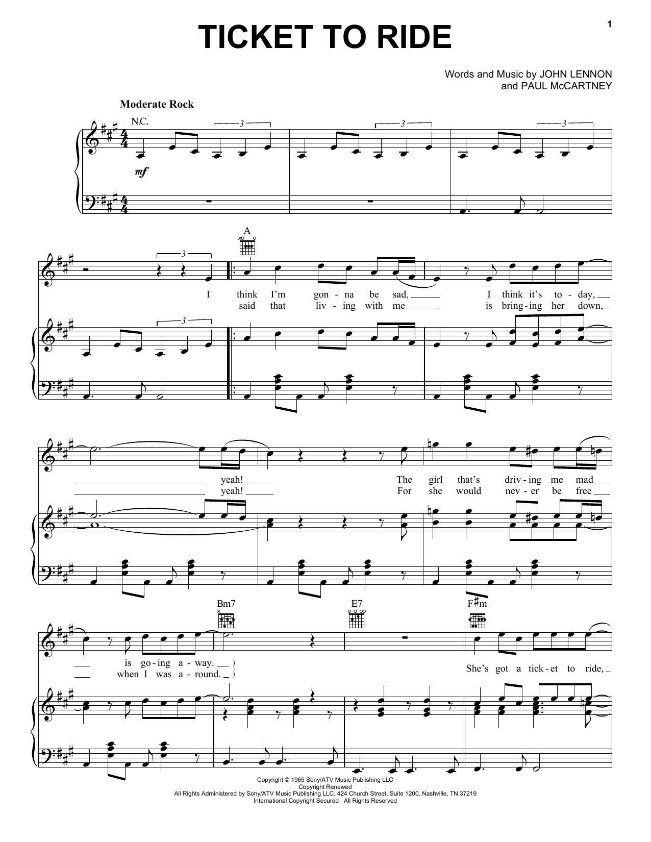 Preview The Beatles Ticket To Ride Rock sheet music, notes and chords for Piano, Vocal & Guitar (Right-Hand Melody), SKU: 24778 sheet music, piano notes, chords, guitar tabs, score, transpose, transcribe, how to play, guide, download, learn, tutorial, progression, song, artist, awards, billboard, mtv, vh1, tour, single, album, release