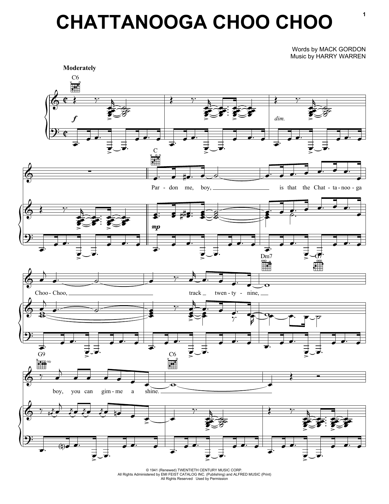Preview Glenn Miller Chattanooga Choo Choo Jazz sheet music, notes and chords for Piano, Vocal & Guitar (Right-Hand Melody), SKU: 24781 sheet music, piano notes, chords, guitar tabs, score, transpose, transcribe, how to play, guide, download, learn, tutorial, progression, song, artist, awards, billboard, mtv, vh1, tour, single, album, release