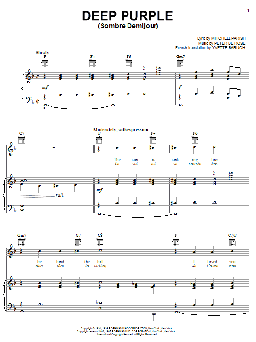Preview Nino Tempo & April Stevens Deep Purple Jazz sheet music, notes and chords for Piano, Vocal & Guitar (Right-Hand Melody), SKU: 24782 sheet music, piano notes, chords, guitar tabs, score, transpose, transcribe, how to play, guide, download, learn, tutorial, progression, song, artist, awards, billboard, mtv, vh1, tour, single, album, release