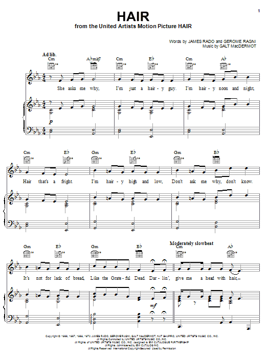 Preview James Rado Hair Pop sheet music, notes and chords for Piano, Vocal & Guitar (Right-Hand Melody), SKU: 24786 sheet music, piano notes, chords, guitar tabs, score, transpose, transcribe, how to play, guide, download, learn, tutorial, progression, song, artist, awards, billboard, mtv, vh1, tour, single, album, release