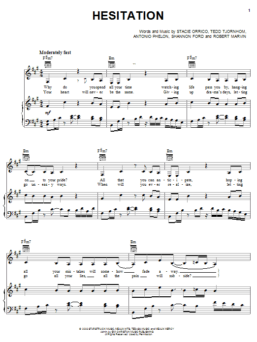 Preview Stacie Orrico Hesitation Pop sheet music, notes and chords for Piano, Vocal & Guitar (Right-Hand Melody), SKU: 24792 sheet music, piano notes, chords, guitar tabs, score, transpose, transcribe, how to play, guide, download, learn, tutorial, progression, song, artist, awards, billboard, mtv, vh1, tour, single, album, release