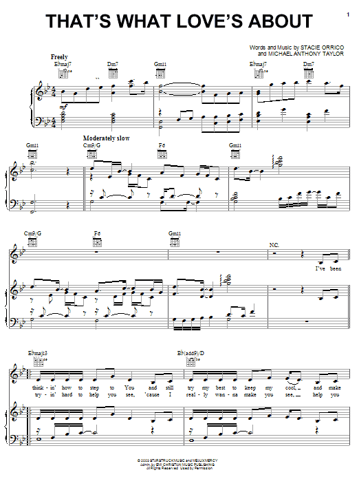 Preview Stacie Orrico That's What Love's About Pop sheet music, notes and chords for Piano, Vocal & Guitar (Right-Hand Melody), SKU: 24793 sheet music, piano notes, chords, guitar tabs, score, transpose, transcribe, how to play, guide, download, learn, tutorial, progression, song, artist, awards, billboard, mtv, vh1, tour, single, album, release