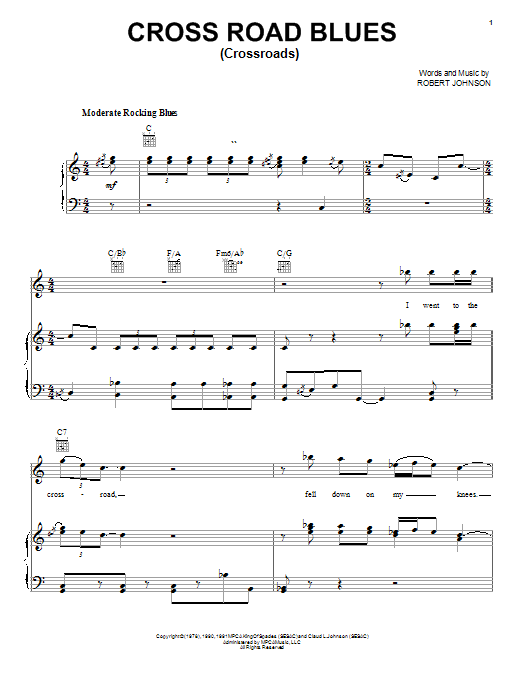 Preview Robert Johnson Cross Road Blues (Crossroads) Pop sheet music, notes and chords for Piano, Vocal & Guitar (Right-Hand Melody), SKU: 24795 sheet music, piano notes, chords, guitar tabs, score, transpose, transcribe, how to play, guide, download, learn, tutorial, progression, song, artist, awards, billboard, mtv, vh1, tour, single, album, release