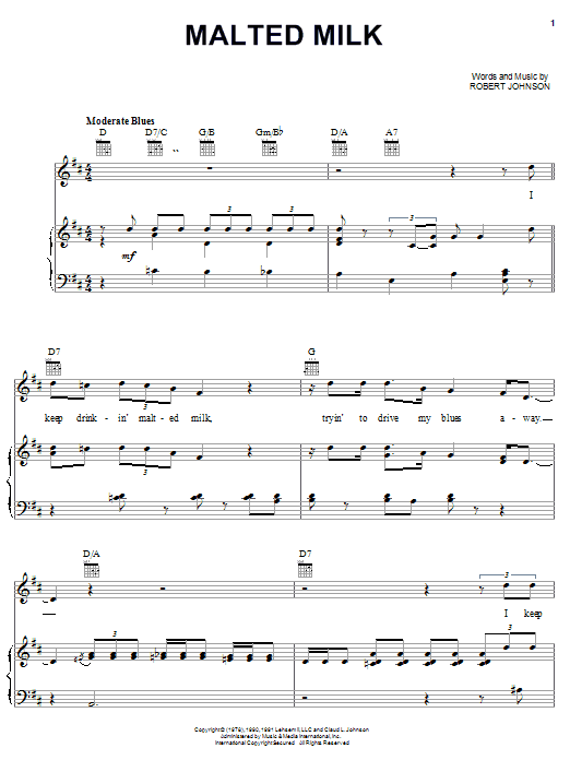Preview Robert Johnson Malted Milk Pop sheet music, notes and chords for Piano, Vocal & Guitar (Right-Hand Melody), SKU: 24796 sheet music, piano notes, chords, guitar tabs, score, transpose, transcribe, how to play, guide, download, learn, tutorial, progression, song, artist, awards, billboard, mtv, vh1, tour, single, album, release