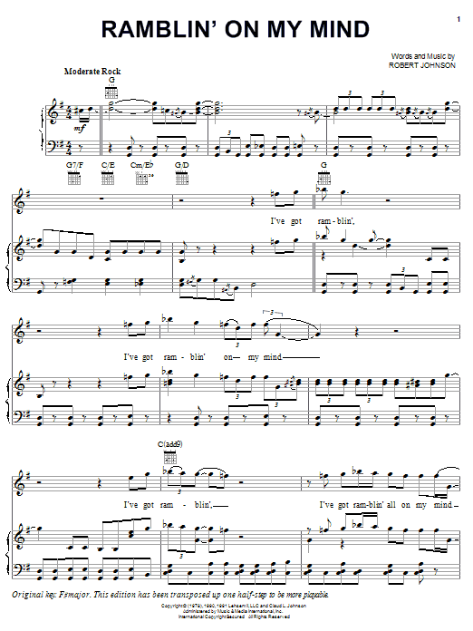 Preview Robert Johnson Ramblin' On My Mind Pop sheet music, notes and chords for Piano, Vocal & Guitar (Right-Hand Melody), SKU: 24797 sheet music, piano notes, chords, guitar tabs, score, transpose, transcribe, how to play, guide, download, learn, tutorial, progression, song, artist, awards, billboard, mtv, vh1, tour, single, album, release