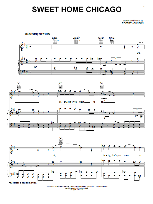 Preview Robert Johnson Sweet Home Chicago Pop sheet music, notes and chords for Piano, Vocal & Guitar (Right-Hand Melody), SKU: 24798 sheet music, piano notes, chords, guitar tabs, score, transpose, transcribe, how to play, guide, download, learn, tutorial, progression, song, artist, awards, billboard, mtv, vh1, tour, single, album, release