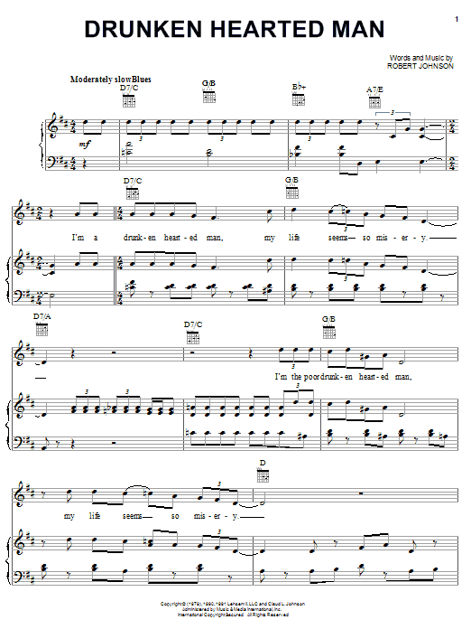 Preview Robert Johnson Drunken Hearted Man Blues sheet music, notes and chords for Piano, Vocal & Guitar (Right-Hand Melody), SKU: 24801 sheet music, piano notes, chords, guitar tabs, score, transpose, transcribe, how to play, guide, download, learn, tutorial, progression, song, artist, awards, billboard, mtv, vh1, tour, single, album, release