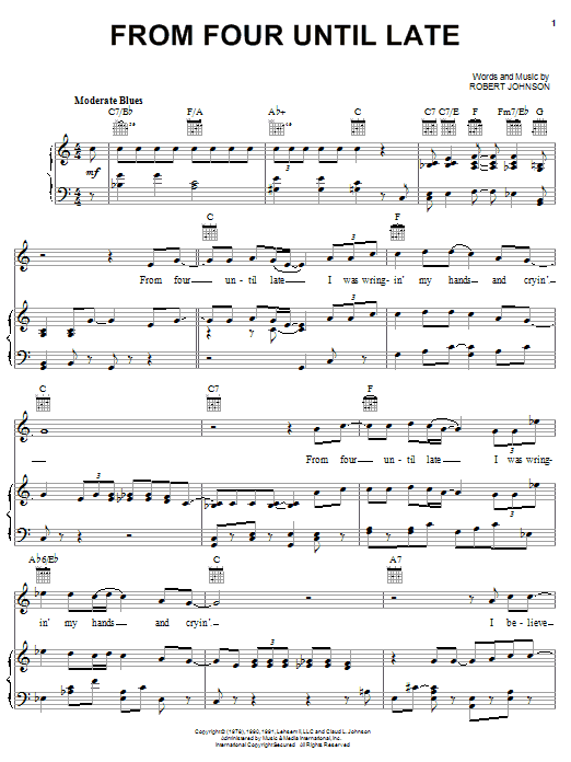 Preview Robert Johnson From Four Until Late Blues sheet music, notes and chords for Piano, Vocal & Guitar (Right-Hand Melody), SKU: 24802 sheet music, piano notes, chords, guitar tabs, score, transpose, transcribe, how to play, guide, download, learn, tutorial, progression, song, artist, awards, billboard, mtv, vh1, tour, single, album, release