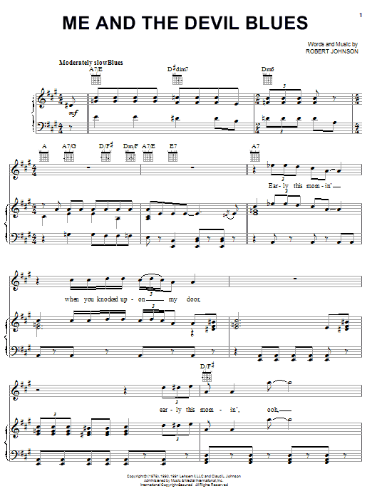 Preview Robert Johnson Me And The Devil Blues Blues sheet music, notes and chords for Piano, Vocal & Guitar (Right-Hand Melody), SKU: 24803 sheet music, piano notes, chords, guitar tabs, score, transpose, transcribe, how to play, guide, download, learn, tutorial, progression, song, artist, awards, billboard, mtv, vh1, tour, single, album, release