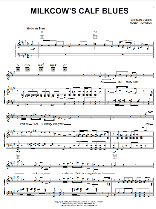 Preview Robert Johnson Milkcow's Calf Blues Blues sheet music, notes and chords for Piano, Vocal & Guitar (Right-Hand Melody), SKU: 24804 sheet music, piano notes, chords, guitar tabs, score, transpose, transcribe, how to play, guide, download, learn, tutorial, progression, song, artist, awards, billboard, mtv, vh1, tour, single, album, release