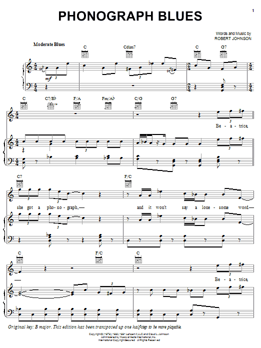 Preview Robert Johnson Phonograph Blues Blues sheet music, notes and chords for Piano, Vocal & Guitar (Right-Hand Melody), SKU: 24805 sheet music, piano notes, chords, guitar tabs, score, transpose, transcribe, how to play, guide, download, learn, tutorial, progression, song, artist, awards, billboard, mtv, vh1, tour, single, album, release