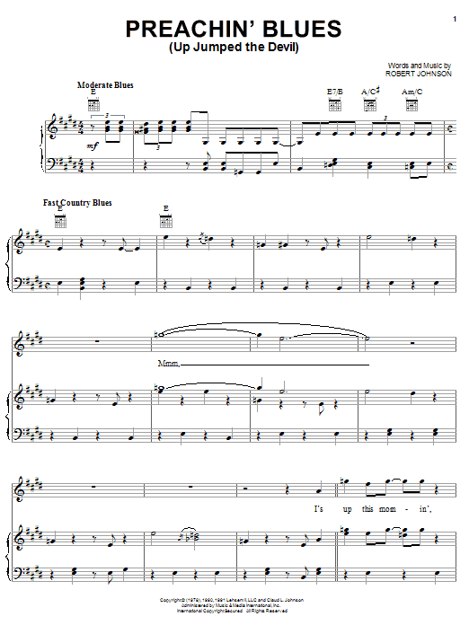Preview Robert Johnson Preachin' Blues (Up Jumped The Devil) Blues sheet music, notes and chords for Piano, Vocal & Guitar (Right-Hand Melody), SKU: 24806 sheet music, piano notes, chords, guitar tabs, score, transpose, transcribe, how to play, guide, download, learn, tutorial, progression, song, artist, awards, billboard, mtv, vh1, tour, single, album, release