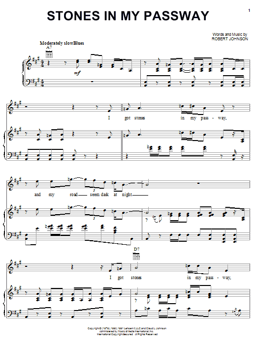 Preview Robert Johnson Stones In My Passway Blues sheet music, notes and chords for Piano, Vocal & Guitar (Right-Hand Melody), SKU: 24807 sheet music, piano notes, chords, guitar tabs, score, transpose, transcribe, how to play, guide, download, learn, tutorial, progression, song, artist, awards, billboard, mtv, vh1, tour, single, album, release