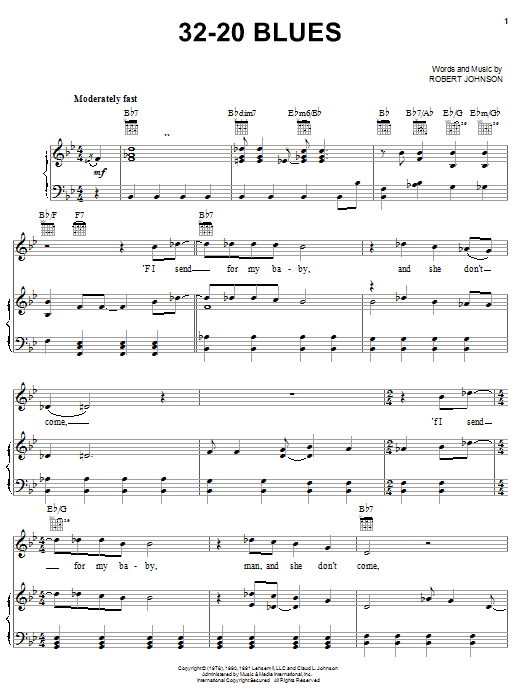 Preview Robert Johnson 32-20 Blues Blues sheet music, notes and chords for Piano, Vocal & Guitar (Right-Hand Melody), SKU: 24810 sheet music, piano notes, chords, guitar tabs, score, transpose, transcribe, how to play, guide, download, learn, tutorial, progression, song, artist, awards, billboard, mtv, vh1, tour, single, album, release