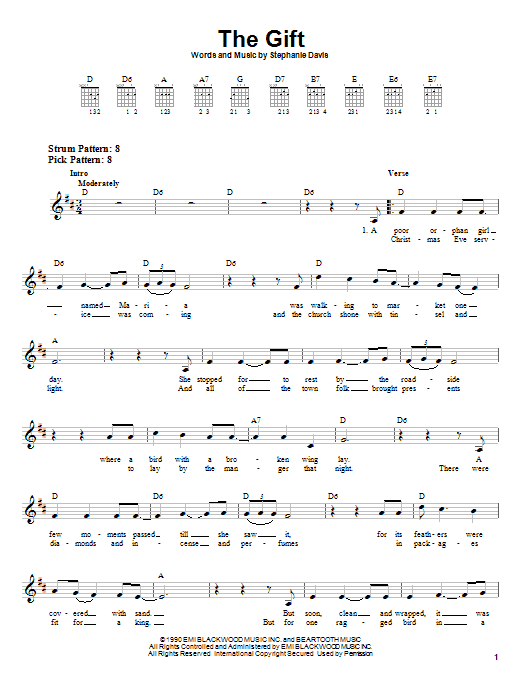 Preview Stephanie Davis The Gift Country sheet music, notes and chords for Easy Guitar, SKU: 24811 sheet music, piano notes, chords, guitar tabs, score, transpose, transcribe, how to play, guide, download, learn, tutorial, progression, song, artist, awards, billboard, mtv, vh1, tour, single, album, release