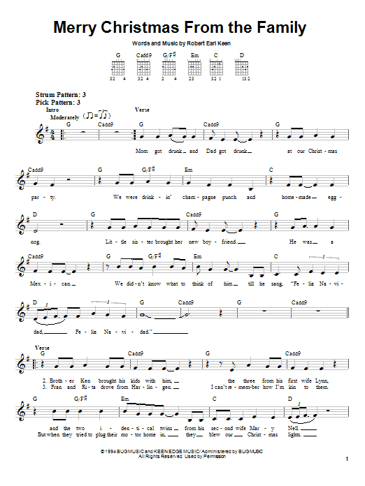 Preview Robert Earl Keen Merry Christmas From The Family Folk sheet music, notes and chords for Easy Guitar, SKU: 24814 sheet music, piano notes, chords, guitar tabs, score, transpose, transcribe, how to play, guide, download, learn, tutorial, progression, song, artist, awards, billboard, mtv, vh1, tour, single, album, release