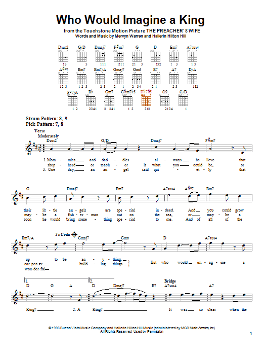 Preview Whitney Houston Who Would Imagine A King Religious sheet music, notes and chords for Easy Guitar, SKU: 24815 sheet music, piano notes, chords, guitar tabs, score, transpose, transcribe, how to play, guide, download, learn, tutorial, progression, song, artist, awards, billboard, mtv, vh1, tour, single, album, release