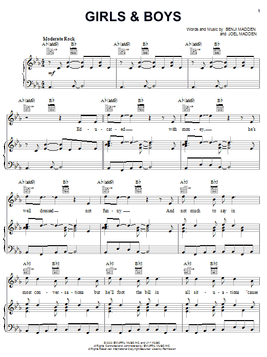 Preview Good Charlotte Girls & Boys Rock sheet music, notes and chords for Piano, Vocal & Guitar (Right-Hand Melody), SKU: 24826 sheet music, piano notes, chords, guitar tabs, score, transpose, transcribe, how to play, guide, download, learn, tutorial, progression, song, artist, awards, billboard, mtv, vh1, tour, single, album, release