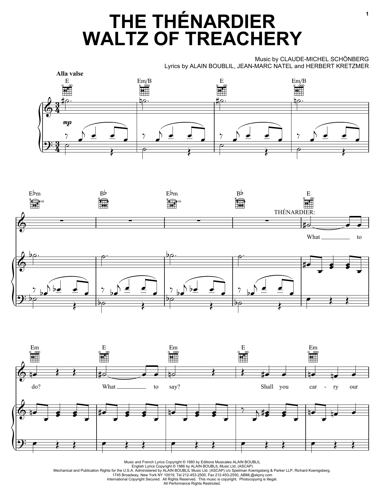 Preview Alain Boublil The Thenardier Waltz Of Treachery Broadway sheet music, notes and chords for Piano, Vocal & Guitar (Right-Hand Melody), SKU: 24835 sheet music, piano notes, chords, guitar tabs, score, transpose, transcribe, how to play, guide, download, learn, tutorial, progression, song, artist, awards, billboard, mtv, vh1, tour, single, album, release