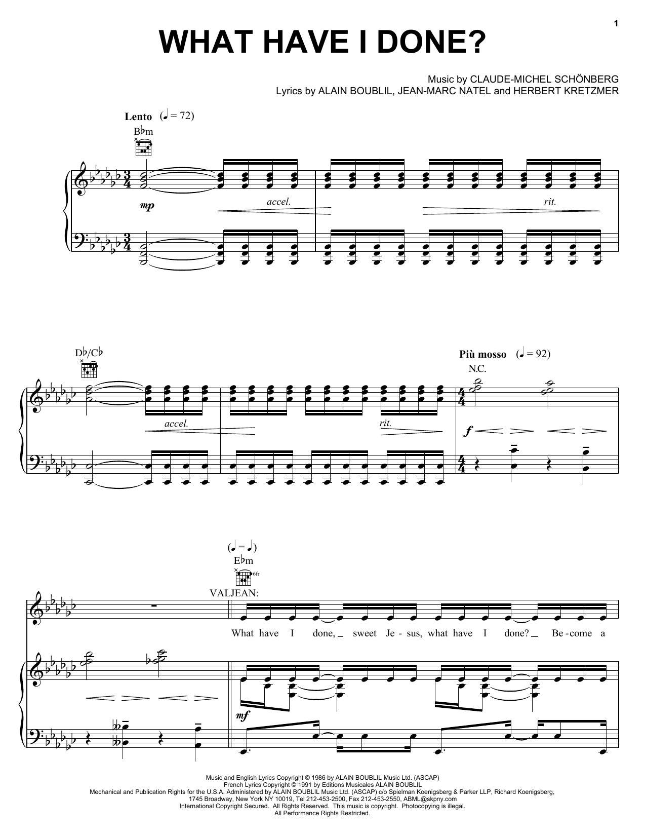 Preview Alain Boublil What Have I Done Broadway sheet music, notes and chords for Piano, Vocal & Guitar (Right-Hand Melody), SKU: 24836 sheet music, piano notes, chords, guitar tabs, score, transpose, transcribe, how to play, guide, download, learn, tutorial, progression, song, artist, awards, billboard, mtv, vh1, tour, single, album, release