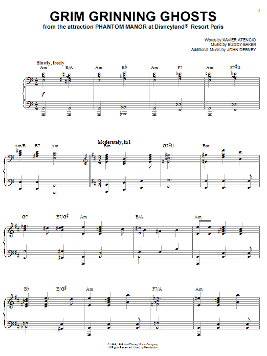 Preview Buddy Baker Grim Grinning Ghosts (from Phantom Manor, Disneyland Resort Paris) Christmas sheet music, notes and chords for Piano, SKU: 24841 sheet music, piano notes, chords, guitar tabs, score, transpose, transcribe, how to play, guide, download, learn, tutorial, progression, song, artist, awards, billboard, mtv, vh1, tour, single, album, release