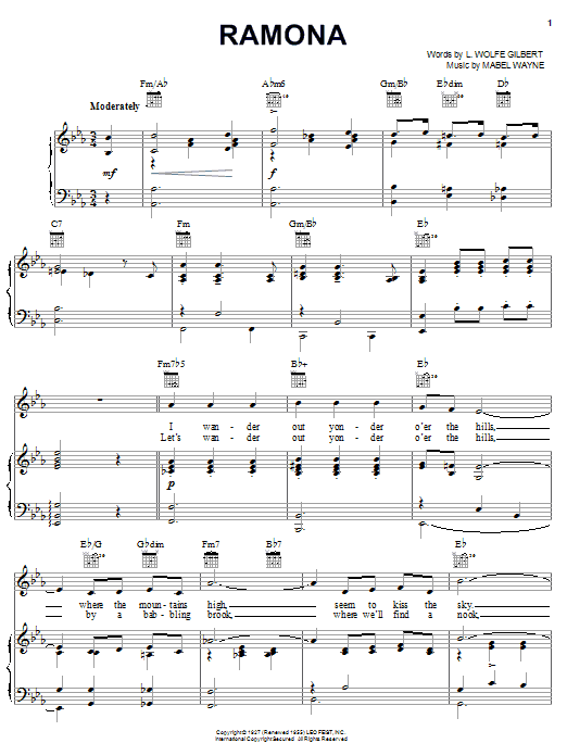 Preview L. Wolfe Gilbert Ramona Jazz sheet music, notes and chords for Piano, Vocal & Guitar (Right-Hand Melody), SKU: 24843 sheet music, piano notes, chords, guitar tabs, score, transpose, transcribe, how to play, guide, download, learn, tutorial, progression, song, artist, awards, billboard, mtv, vh1, tour, single, album, release