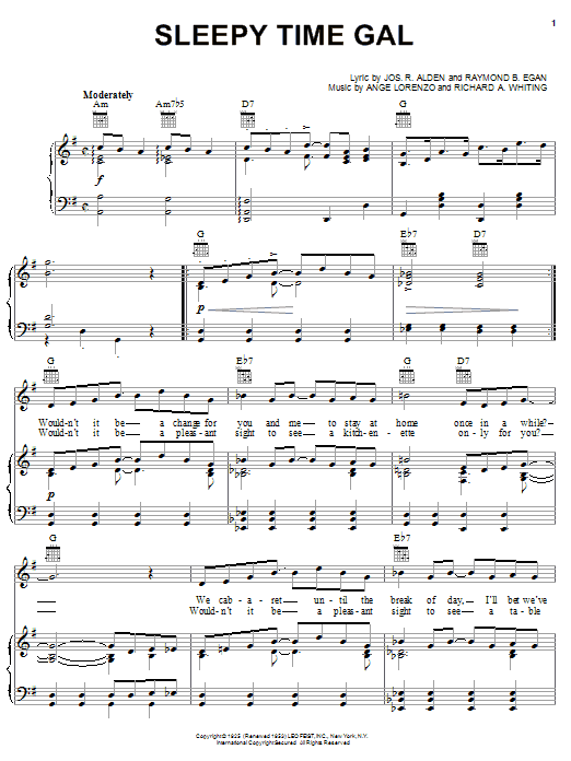 Preview Hoagy Carmichael Sleepy Time Gal Pop sheet music, notes and chords for Piano, Vocal & Guitar (Right-Hand Melody), SKU: 24845 sheet music, piano notes, chords, guitar tabs, score, transpose, transcribe, how to play, guide, download, learn, tutorial, progression, song, artist, awards, billboard, mtv, vh1, tour, single, album, release