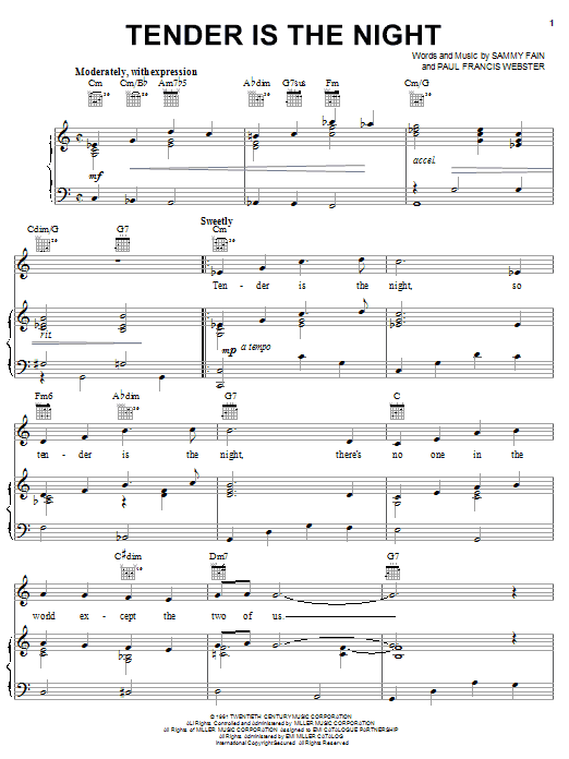 Preview Tony Bennett Tender Is The Night Jazz sheet music, notes and chords for Piano, Vocal & Guitar (Right-Hand Melody), SKU: 24846 sheet music, piano notes, chords, guitar tabs, score, transpose, transcribe, how to play, guide, download, learn, tutorial, progression, song, artist, awards, billboard, mtv, vh1, tour, single, album, release